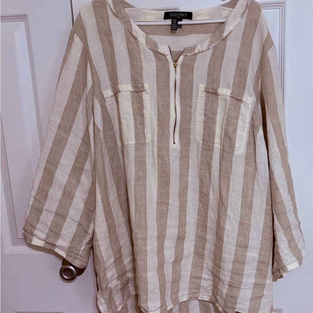 3X Ellen Tracy Beige and White Striped Linen Pullover Top